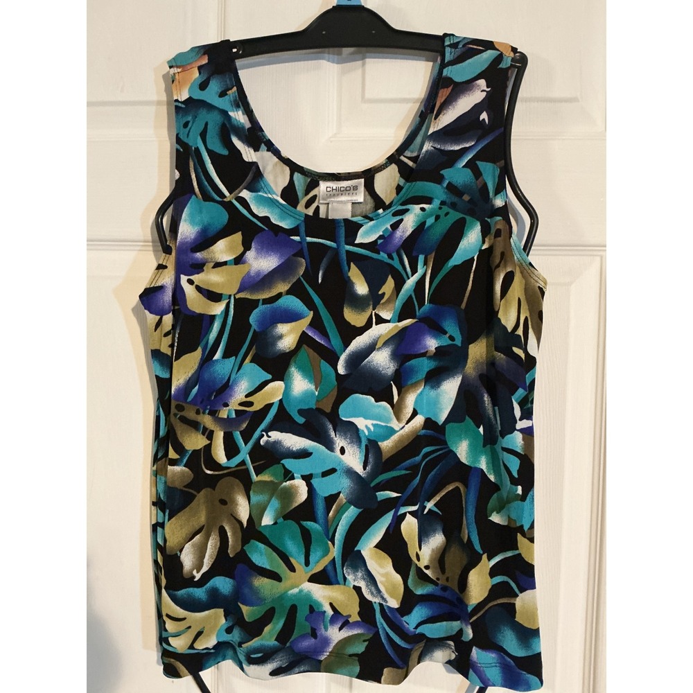 Chicos Travelers Tropical Monstera Leaf Print Tank Top Blue Teal Size 3 L XL
